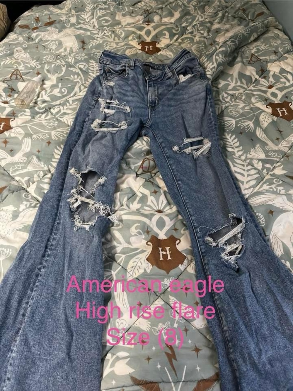 American Eagle Outfitters High-Rise Distressed Flare Jeans - Blue